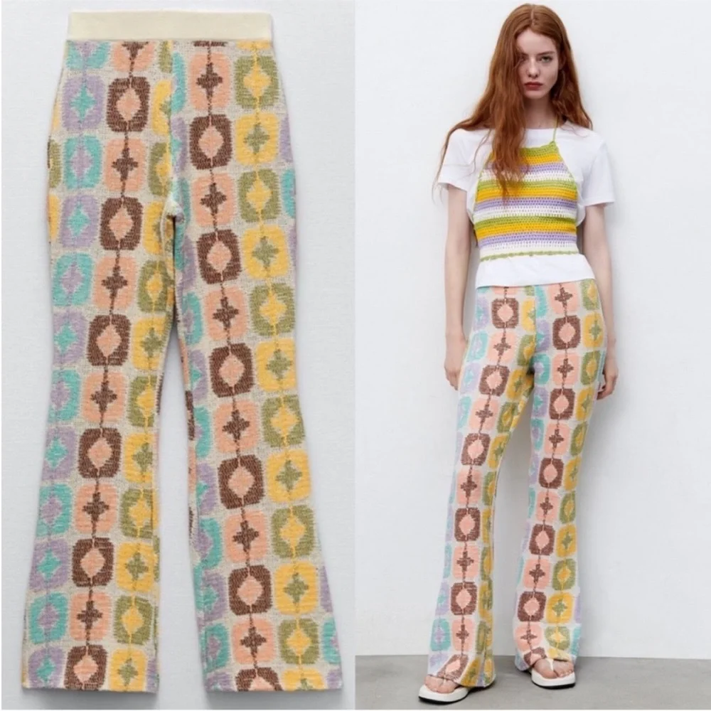 Zara Pastel Multicolor Patterned Boot Cut Pants